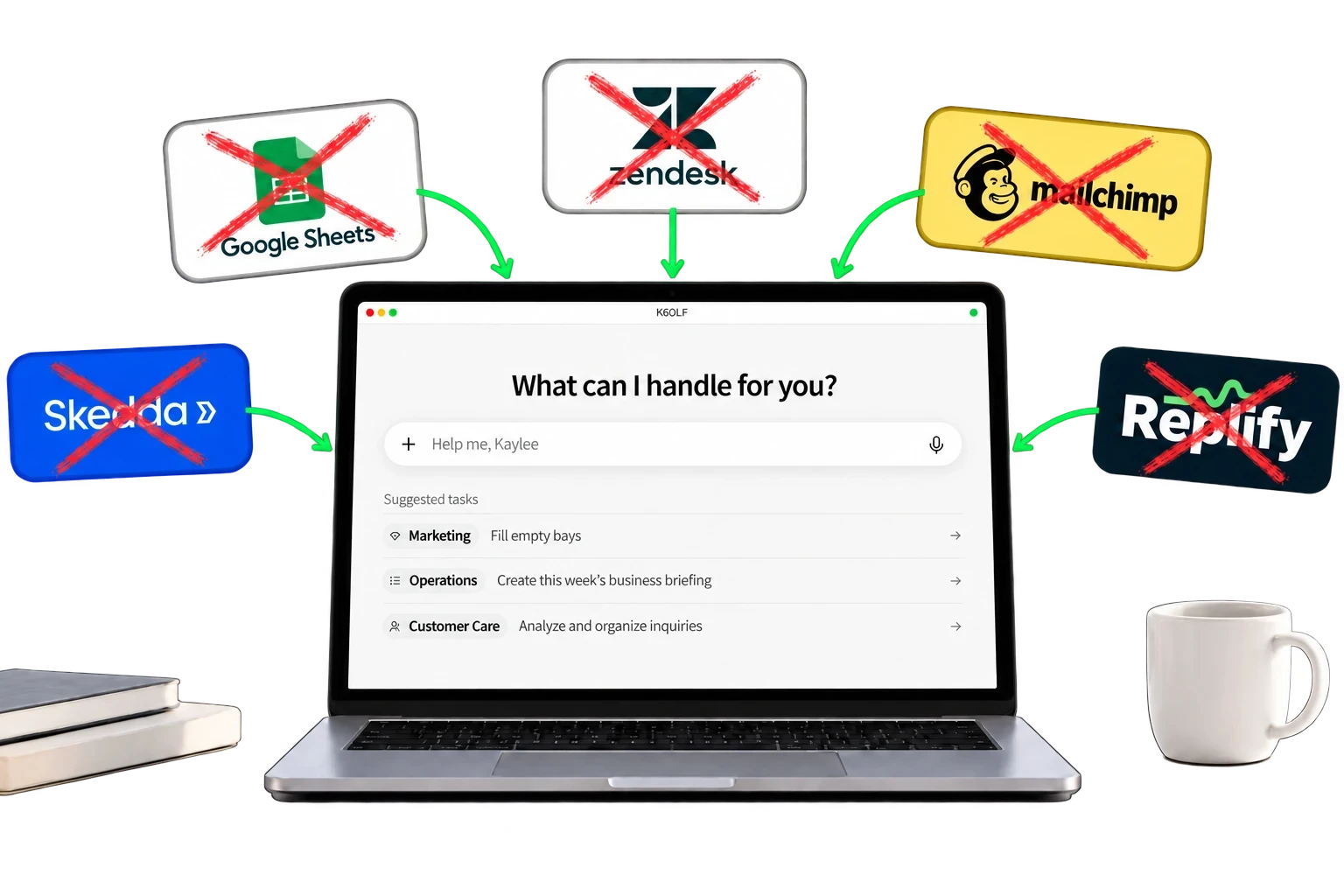 KGOLF all-in-one indoor golf management interface with external software logos crossed out